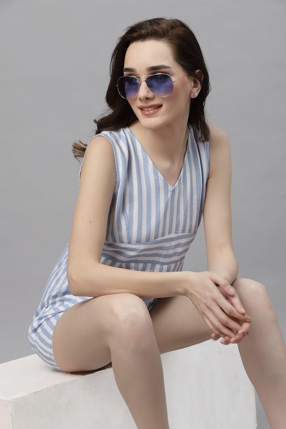 Women White Blue Stripe V-Neck Sleeveless Playsuit