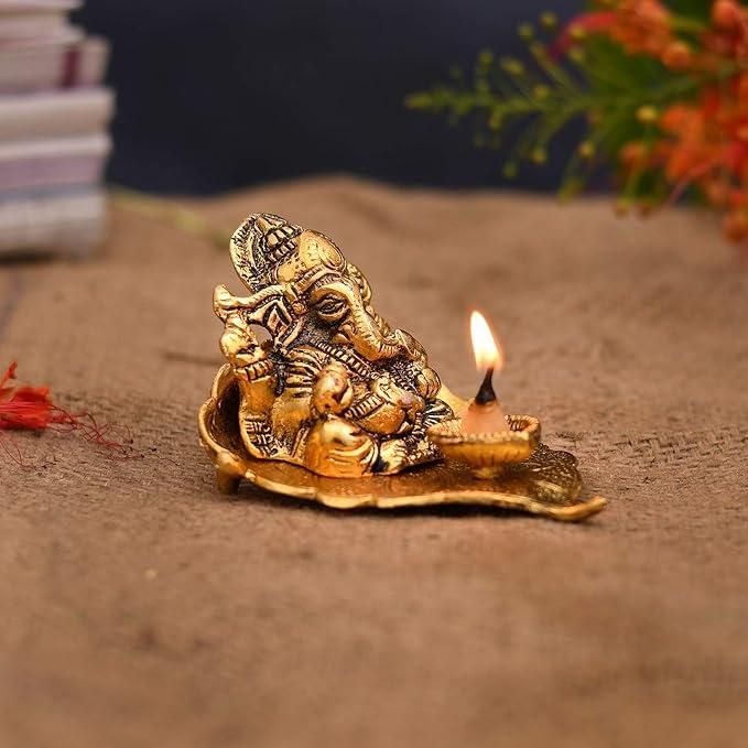 Lord Ganesha with Diya - Metal Hand Craved for Home Decorative Gift Puja