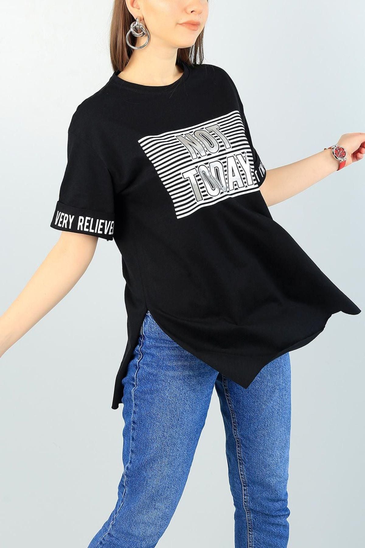 Black Printed Cotton Round Neck Loose fit Half Sleeve Women's T-Shirt