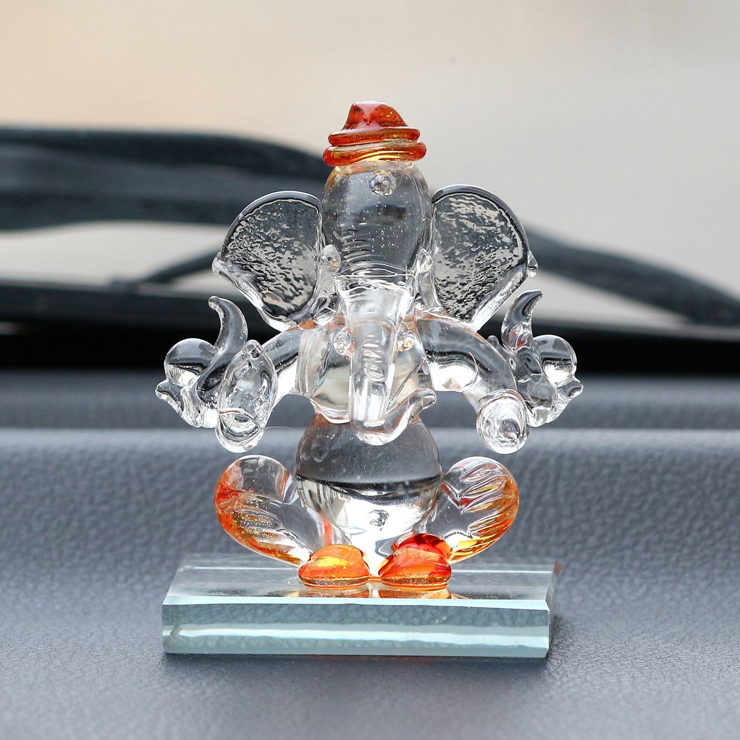 eCraftIndia Orange and Transparent Double Sided Crystal Car Ganesha Showpiece