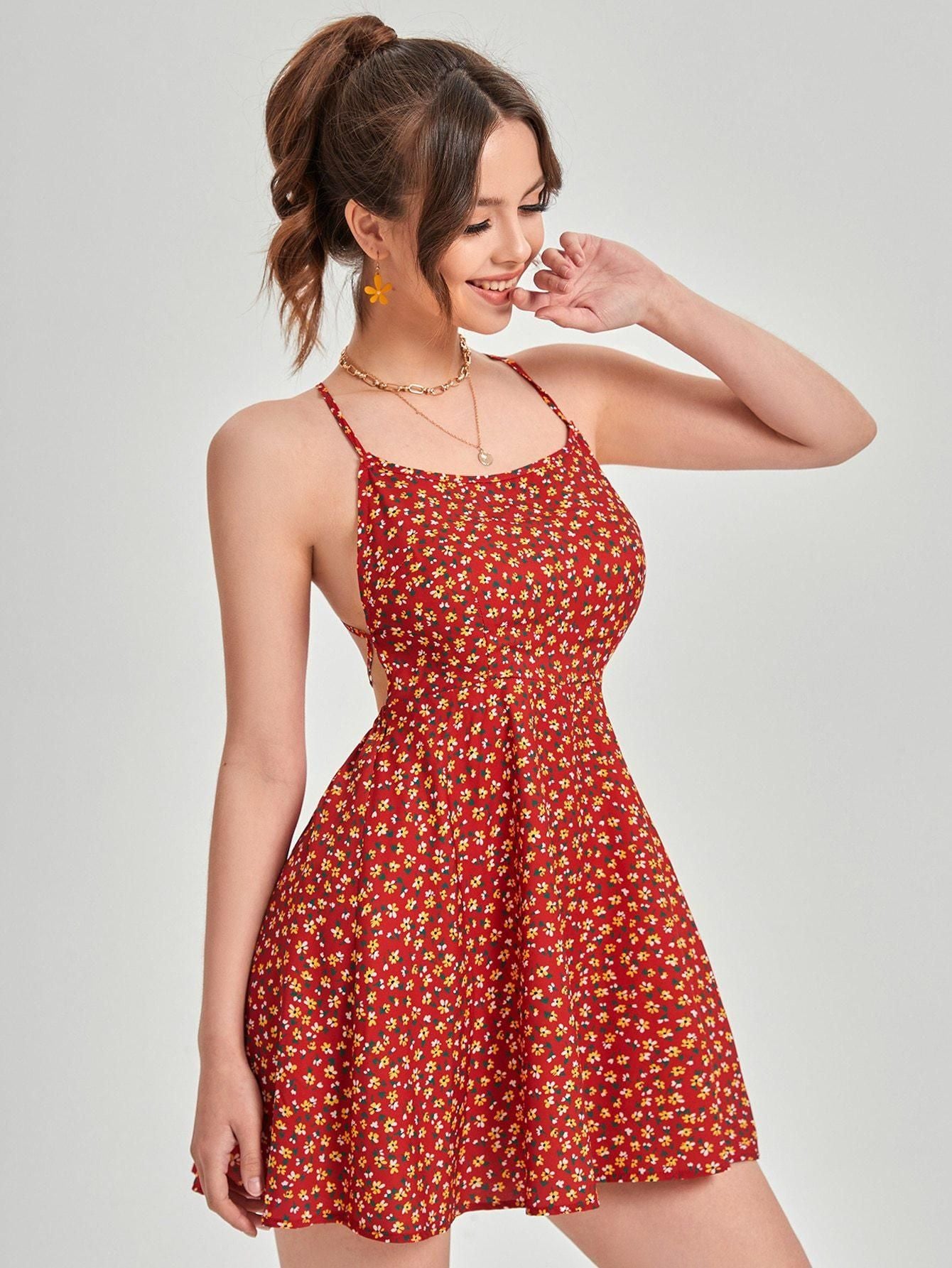 Women's Red Floral Print Back Crisscross Mini Short Dress