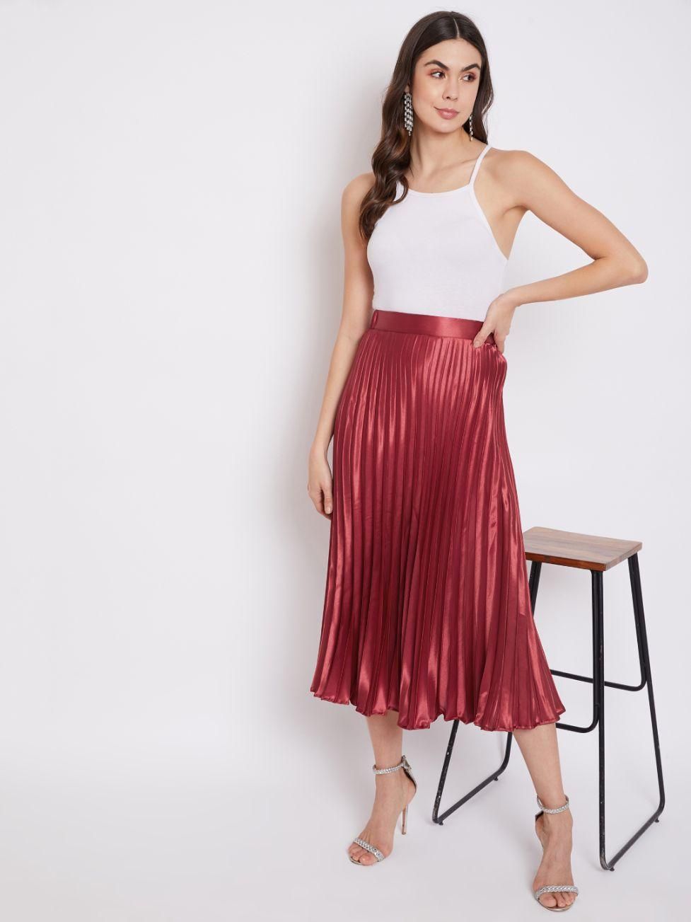 Women's Satin Solid Mid Length Skirt