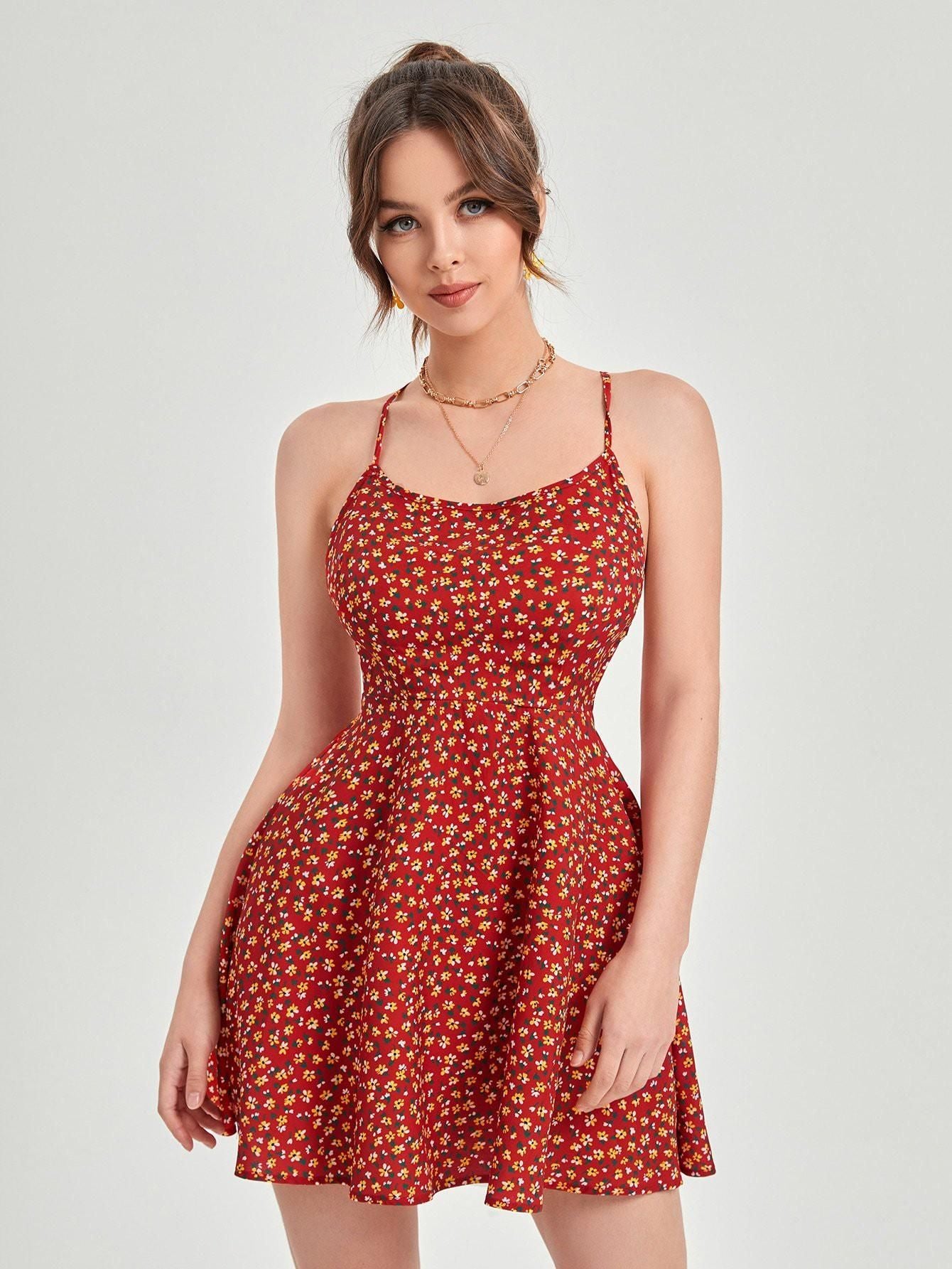 Women's Red Floral Print Back Crisscross Mini Short Dress