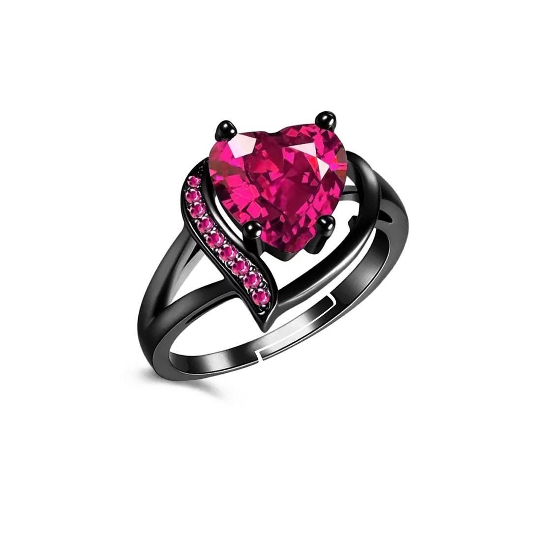 Valentine Love Blood Pink Heart Shape Diamond Ring Stainless Steel Cubic Zirconia Black Silver Plated Ring