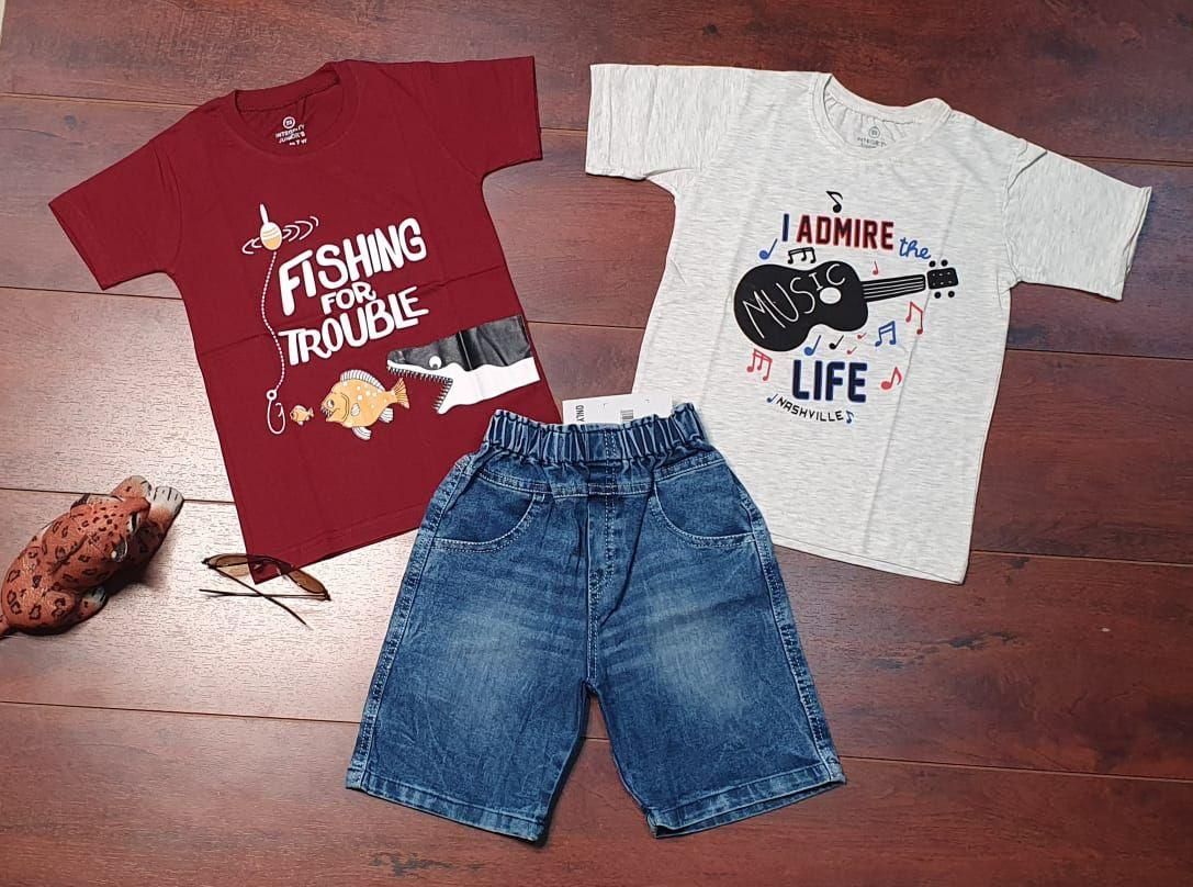 Kids Printed Boys 2 T-Shirts With 1 Short