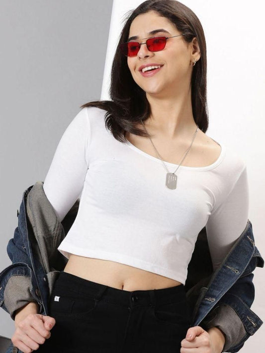 Women's  Solid Scoop Neck Full Sleeve Crop Top