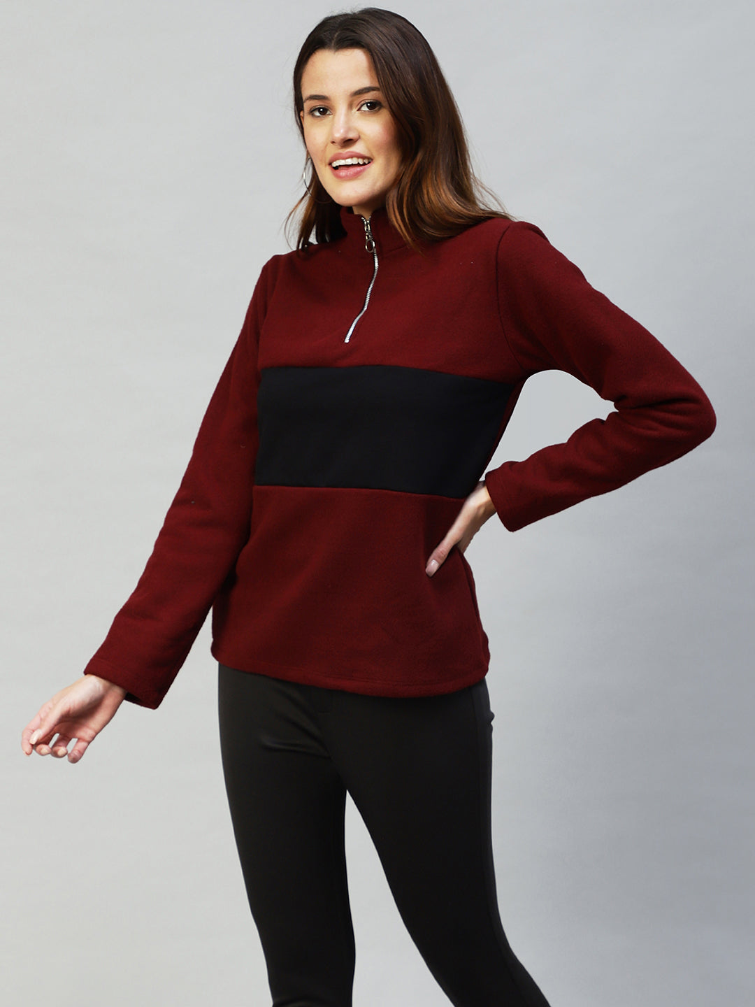 Women Colourblocked High Neck Sweatshirt